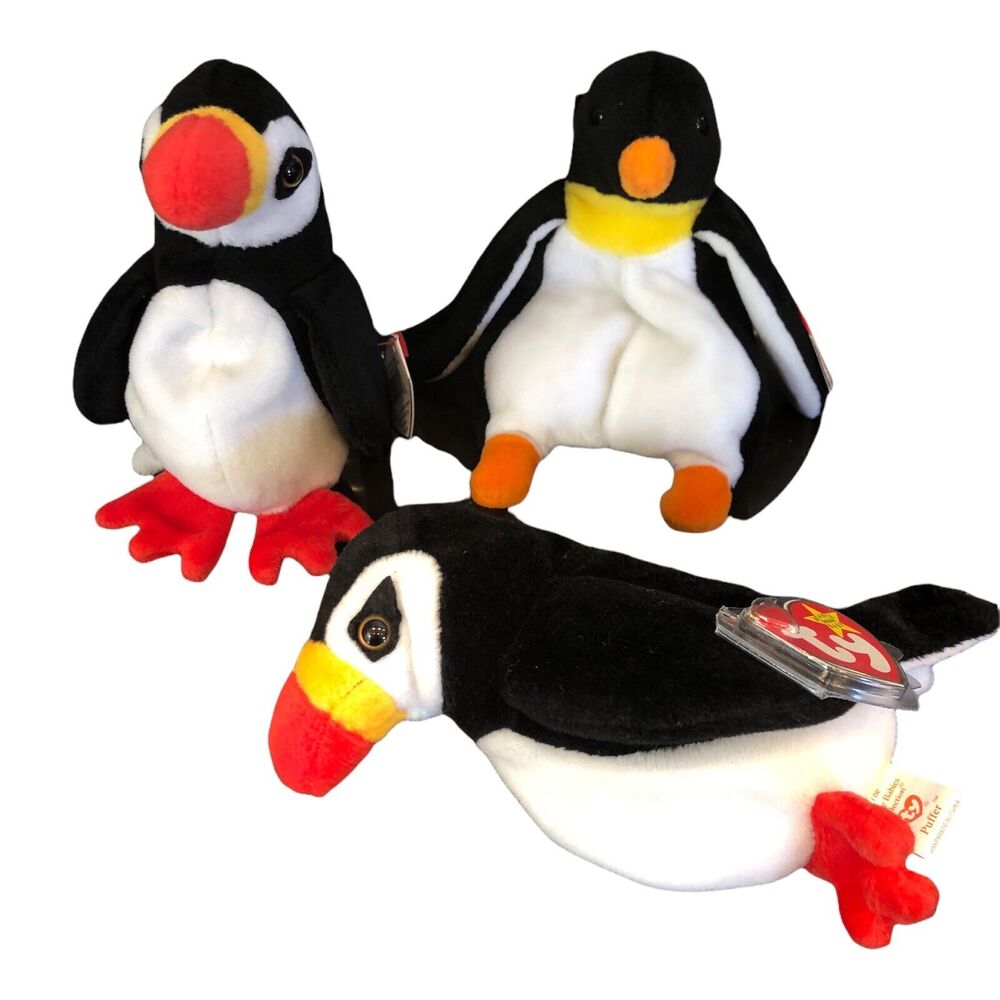 Lot Of 3 TY Beanie Baby PUFFER the Puffin & WADDLE the Penguin 5-6" Plush